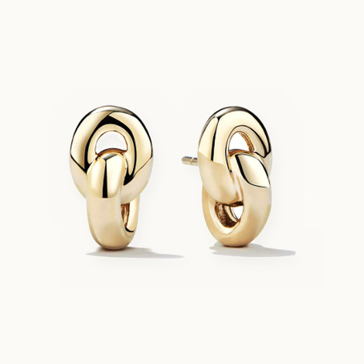 Pair of gold stud earrings with two interlocking chain links