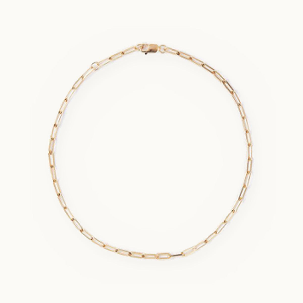 Gold paperclip chain bracelet laid flat