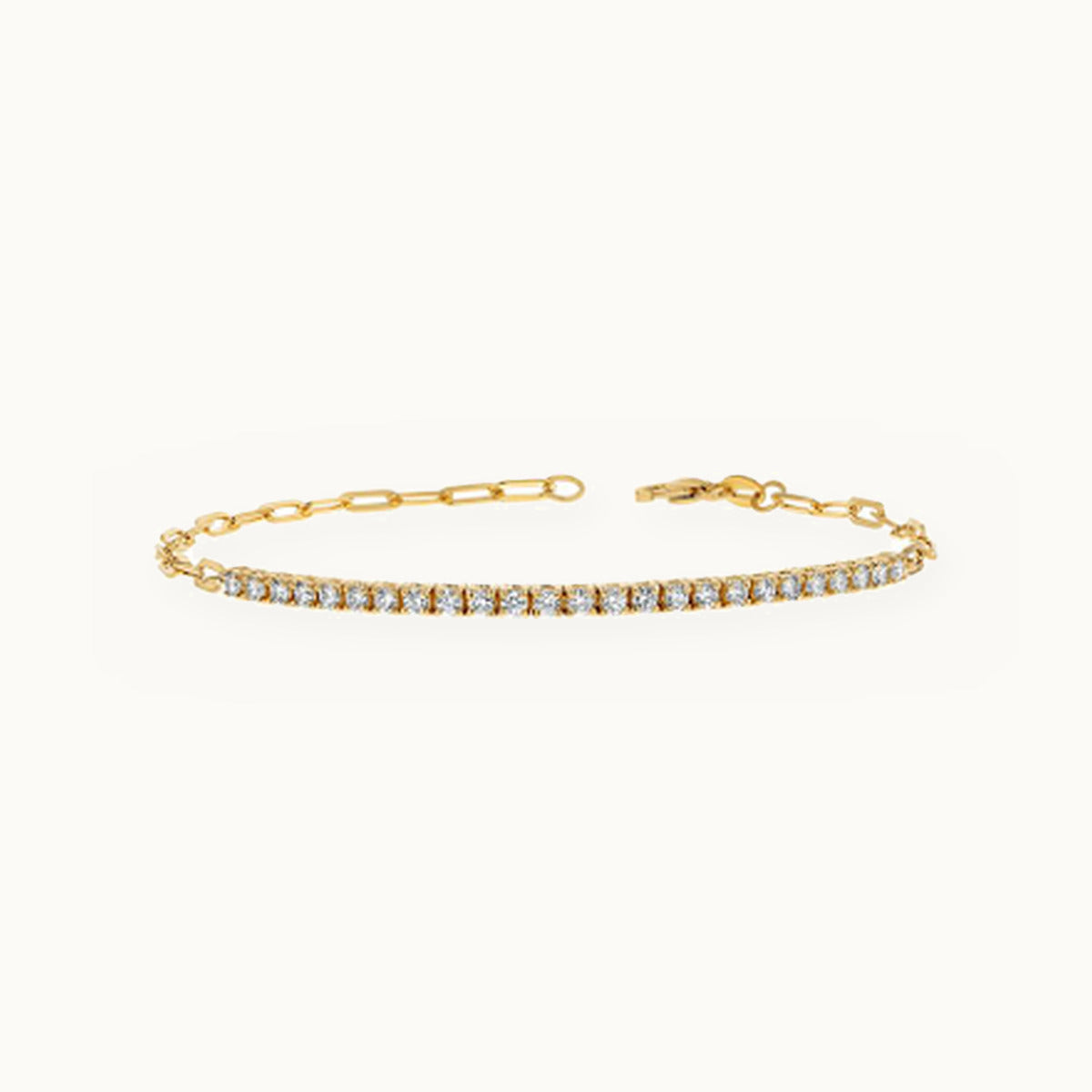 Gold tennis bracelet with a pavé bar and open link chain