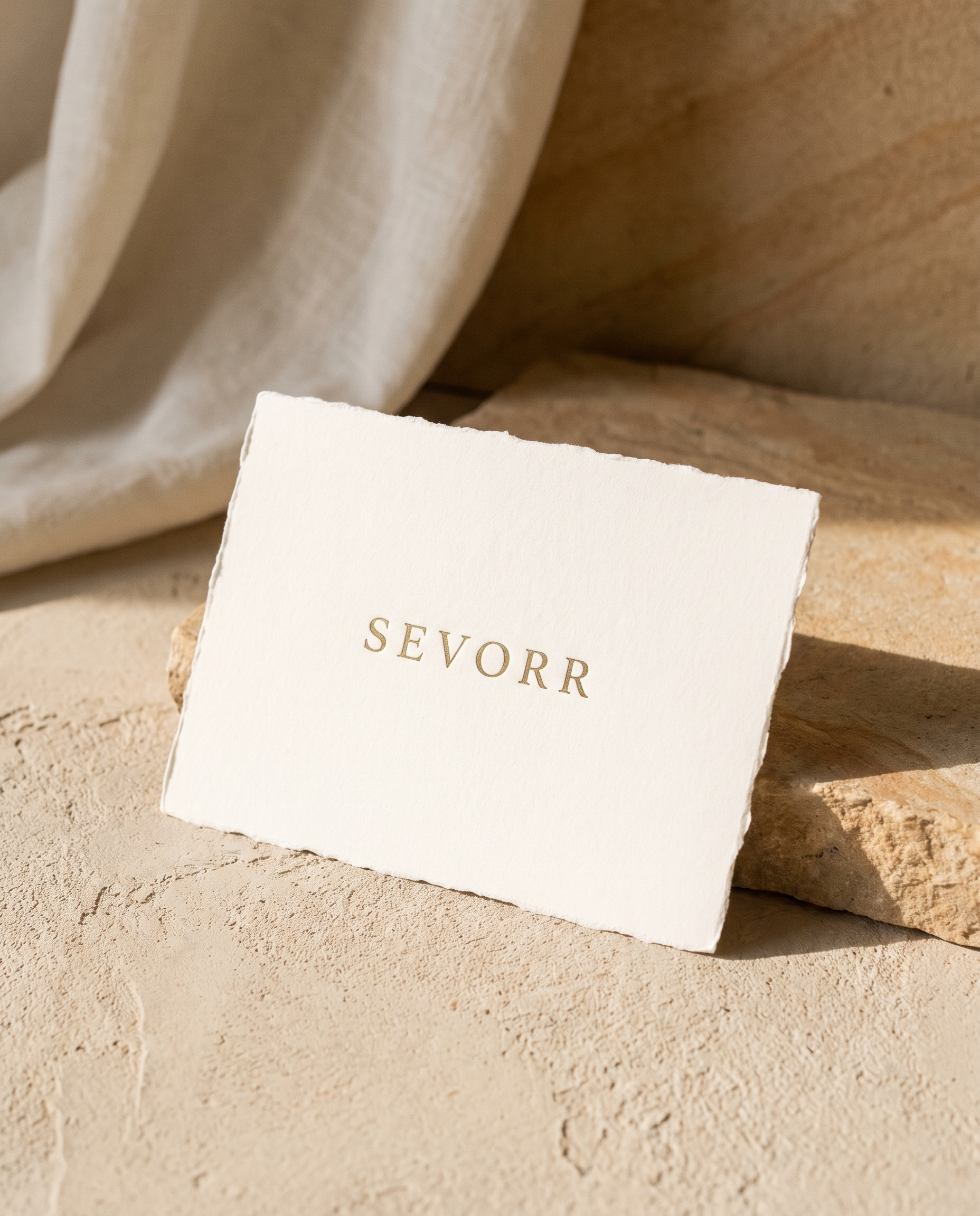 The SEVORR gift card — an ivory card with the SEVORR wordmark in muted gold, on warm stone