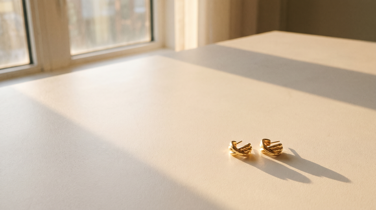 A pair of gold twisted knot hoop earrings alone on a wide ivory table in morning light