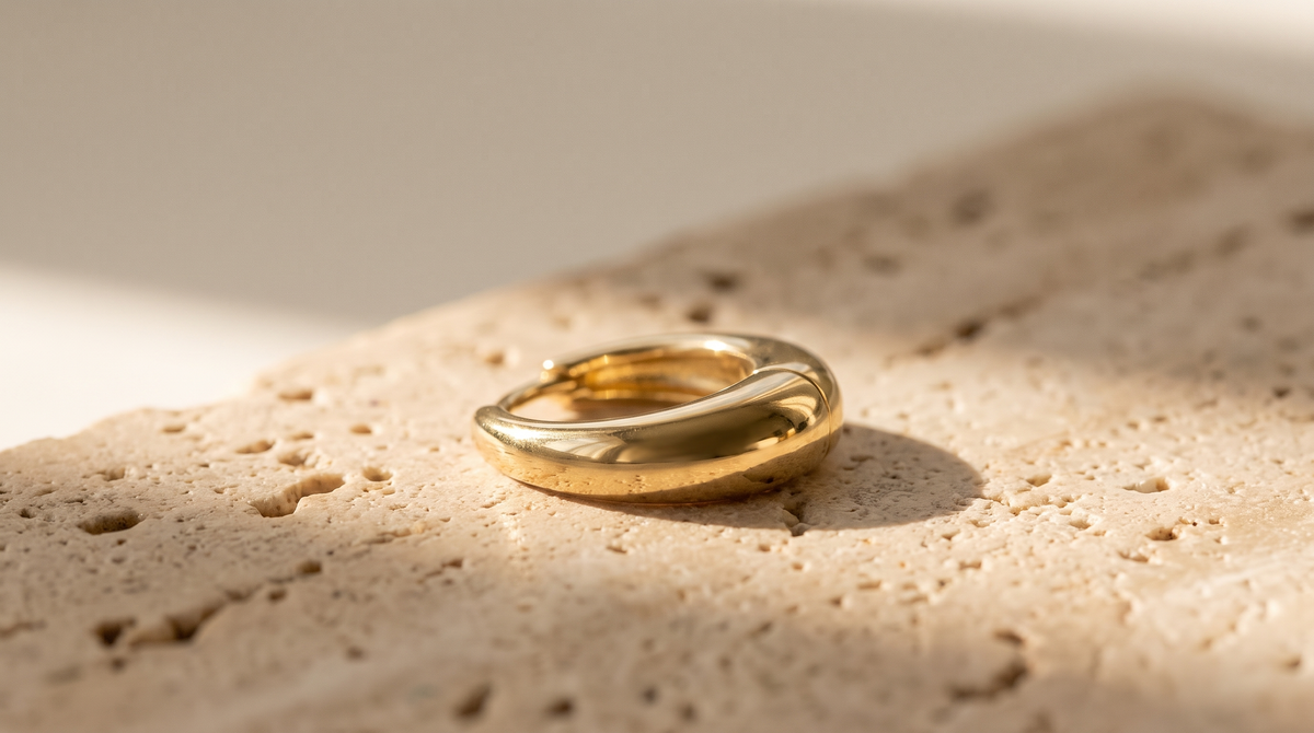 Gold vermeil dome huggie earring resting on travertine stone in morning light