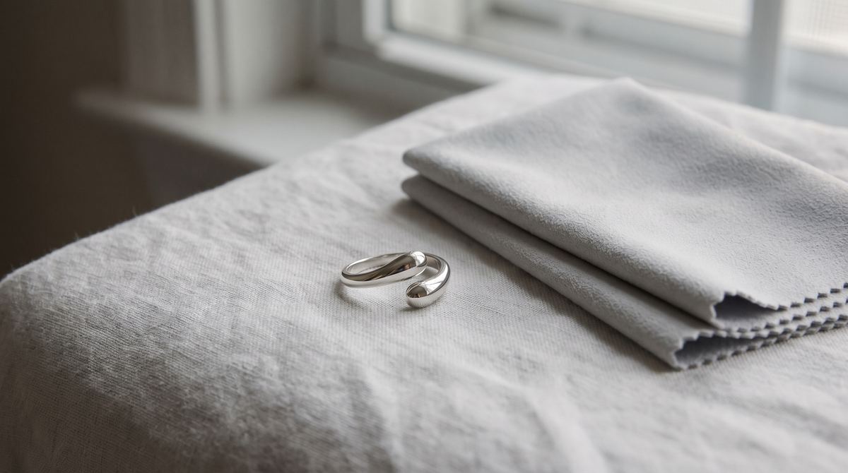Sterling silver open ring on washed linen beside a folded polishing cloth
