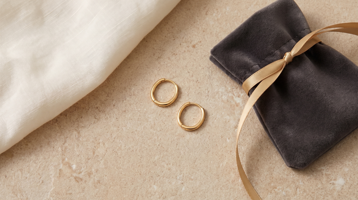 Gold oval huggie earrings on warm stone beside a charcoal velvet jewelry pouch