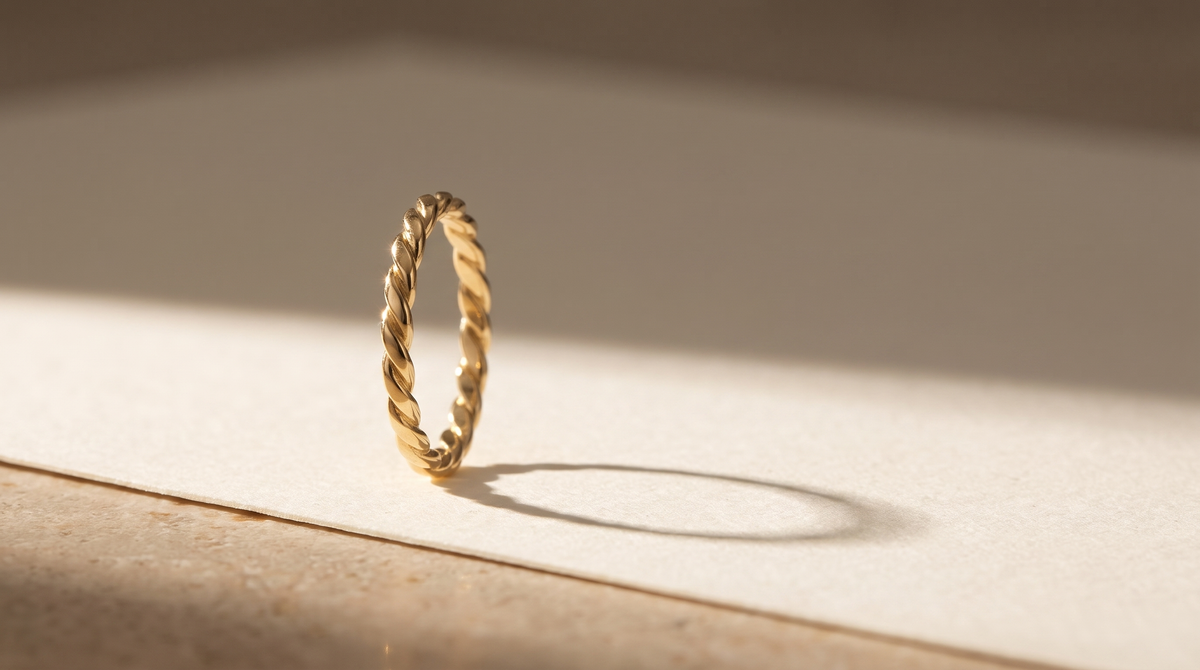 Gold vermeil twisted rope ring standing upright on ivory paper