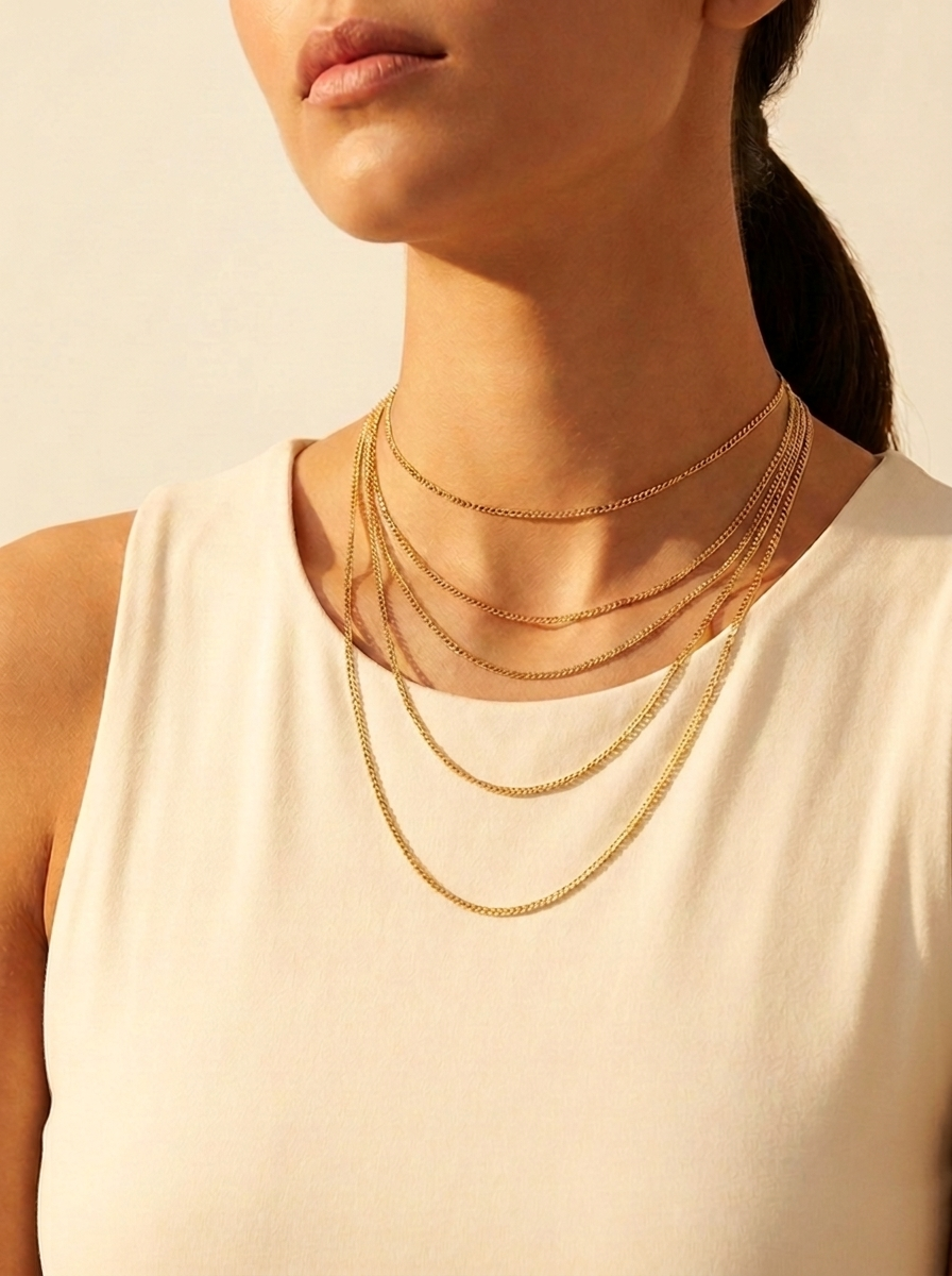 Layered gold necklaces showing different lengths on the neckline