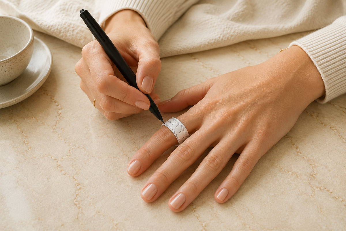 Wrapping a paper strip around the finger to measure ring size
