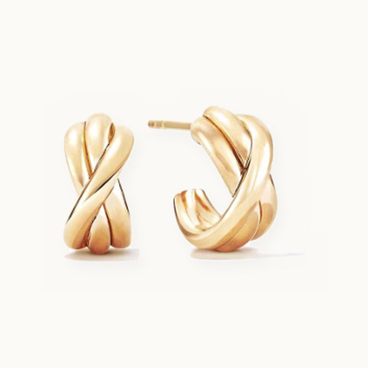 Pair of gold hoop earrings with a twisted knot design